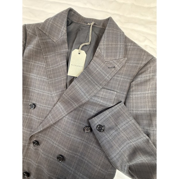 AllSaints‎ Spica Blazer Mens 34 Brown Gray Plaid Double Breasted Suit Jacket New - Picture 1 of 16